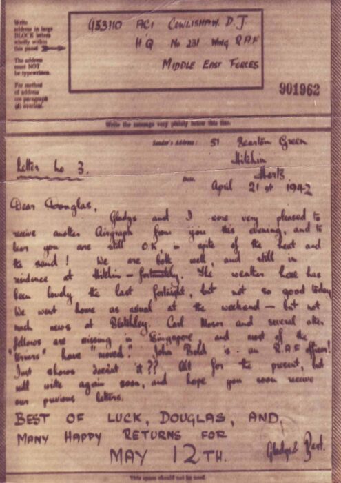 Airgraph written on 21 Apr 1942 from Gladys and Bert