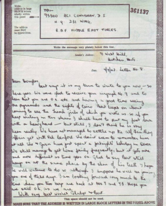 Airgraph written on 7 Sep 1942 from Gladys and Bert