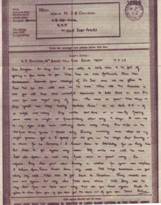 Airgraph written on 10 Feb 1943 from A. E. Cowlishaw