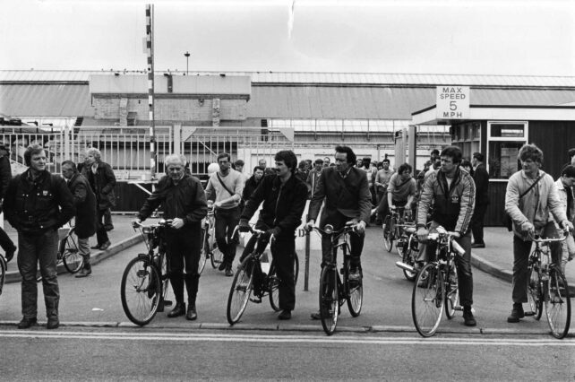 Men leaving The Works, Stratford Road, 1980's