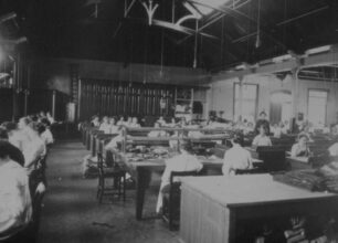 Girls in sewing room
