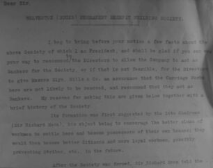 Letter, Wolverton Benefit Society to The Works superintendent