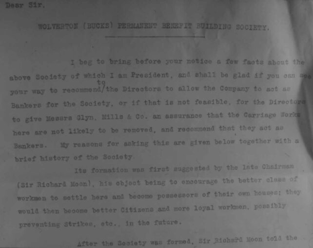 Letter, Wolverton Benefit Society to The Works superintendent