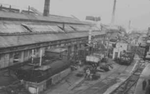 Wolverton Works, exterior, carriages, sheds and chimney