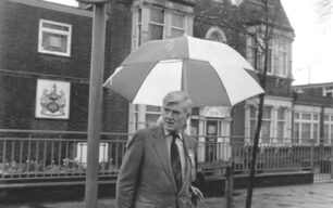 Cecil Parkinson outside the Conservative Club, undated