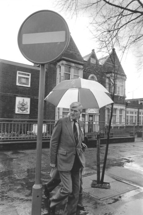 Cecil Parkinson outside the Conservative Club, undated