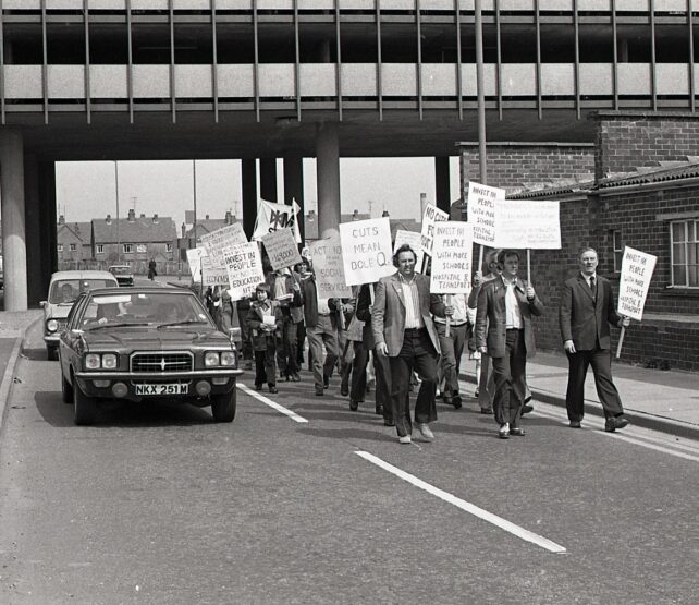 Protest march on Queensway, 1970s