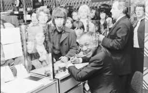 Sid James opens Waltons shop, undated