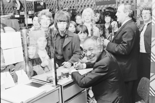 Sid James opens Waltons shop, undated