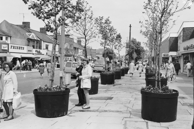 Queensway 1970s with trees in planters