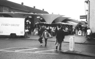 Sail-style plastic roofing at Bletchley Queensway market, 1988