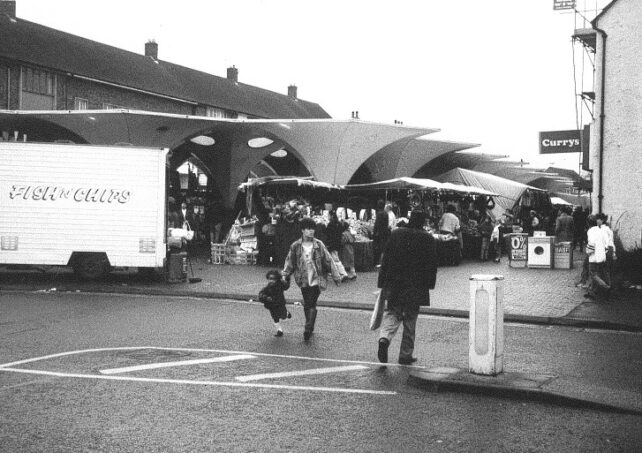 Sail-style plastic roofing at Bletchley Queensway market, 1988