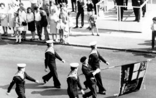 Officer taking salute from Royal Naval Association on Queensway - undated