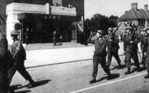 Home Guard parading past Studio Cinema, 1945