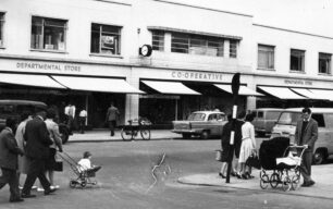 Bletchley road epedestrians in front of Co-Op building 11-1-1962