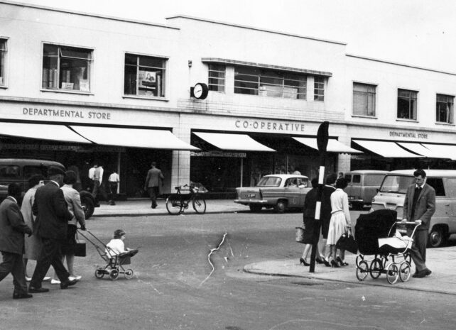 Bletchley road epedestrians in front of Co-Op building 11-1-1962