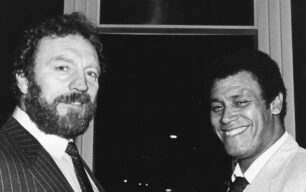 Pat Roache & Johnny Kincaid outside Kincaid's in Queensway 13-12-1985