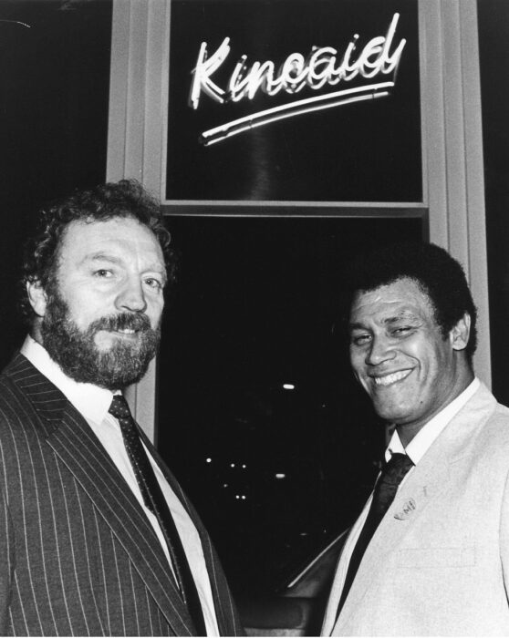 Pat Roache & Johnny Kincaid outside Kincaid's in Queensway 13-12-1985