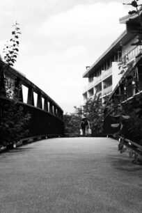 4 images of the footbridge over the canal