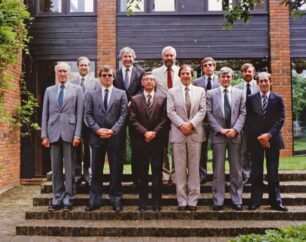 Members of the Executive Management Committee (EMC) of the Milton Keynes Development Corporation outside Wavendon Tower